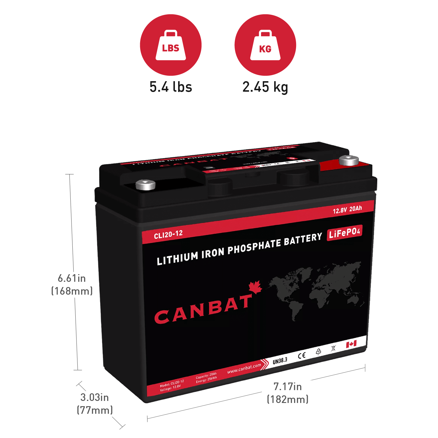 Canbat 12V 20Ah Lithium Battery Dimensions and Weight