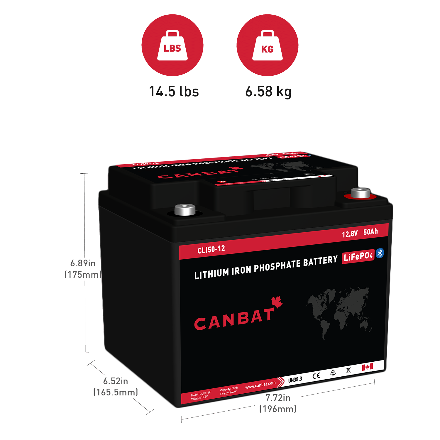 Canbat-12V-50Ah-Lithium-Battery-Dimensions-and-Weight