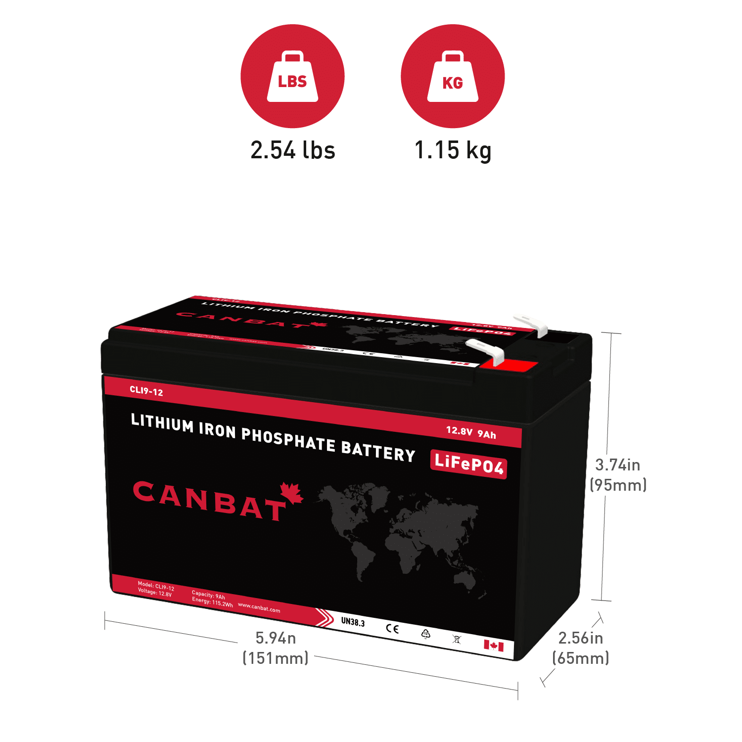 Canbat 12V 9Ah Lithium Battery Dimensions and Weight